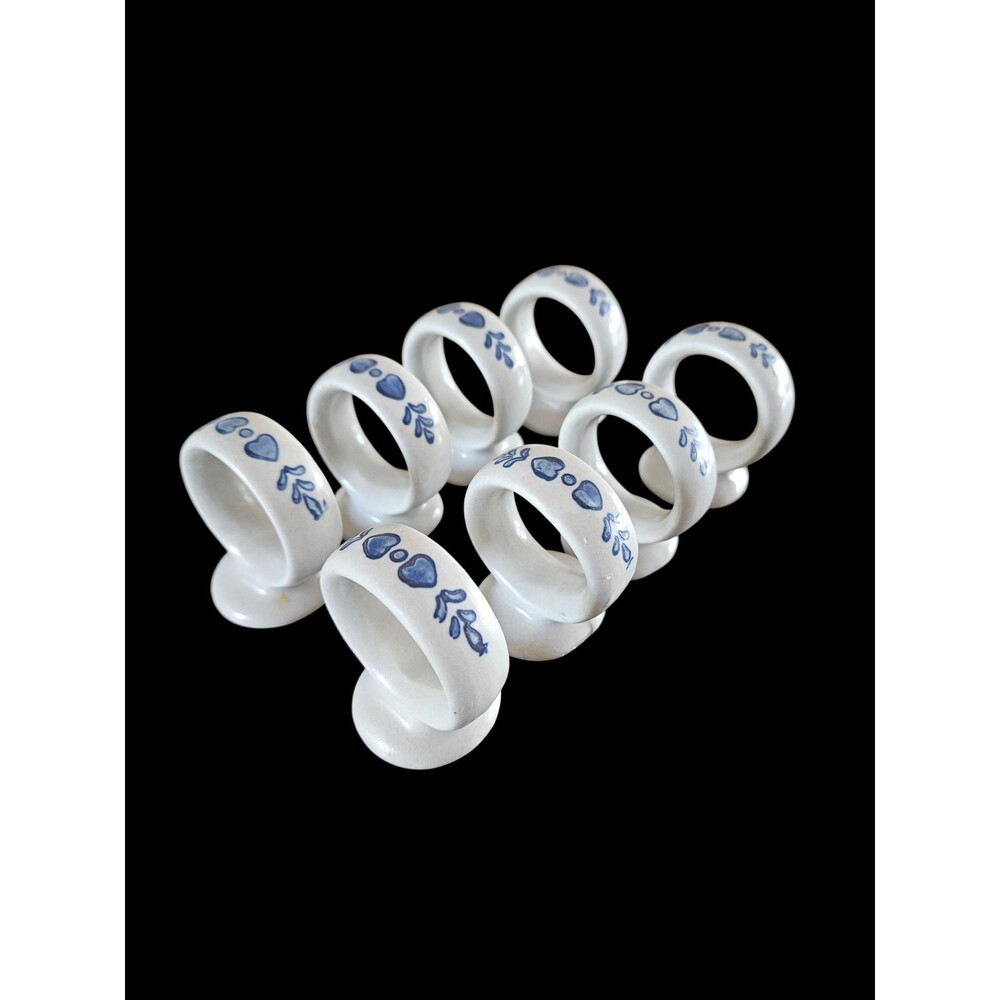 Vintage Pfaltzgraff Yorktowne Blue Hearts Napkin Rings, Set of 8 Made in USA